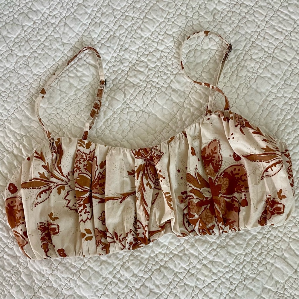 Abercrombie & Fitch Cream Floral Print Crop Top with Brown Pattern